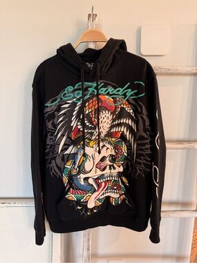 Ed Hardy Hoodie Skull Eagle Snake Black Graphic Black Adult Medium Y2K VTG EUC